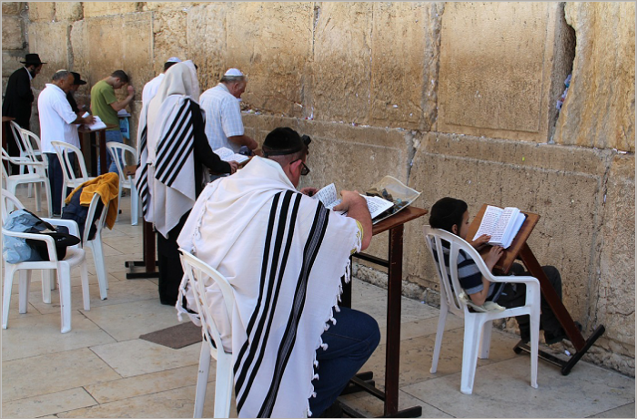 Jewish men and children praying at the Western Wall, wearing traditional prayer shawls, with some reading from prayer books.