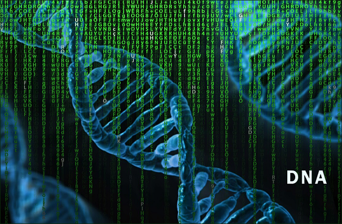 3D rendering of a DNA double helix with green binary code in the background.