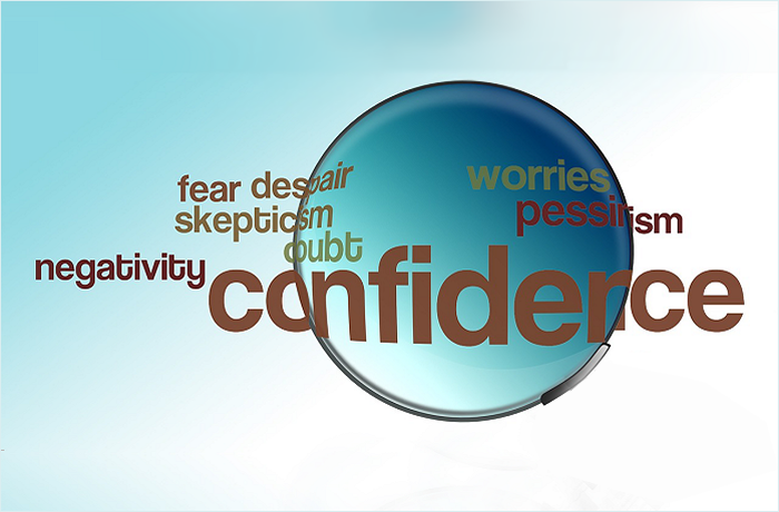 A visual representation of confidence featuring a central word 'confidence' surrounded by related negative emotions like 'fear', 'despair', 'skepticism', 'doubt', 'worries', 'pessimism', and 'negativity'.