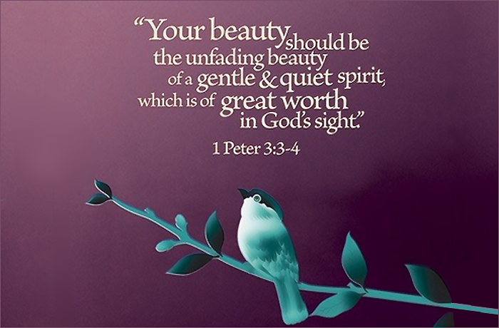 A serene illustration featuring a small bird perched on a branch, accompanied by the quote from 1 Peter 3:3-4 about inner beauty and the value of a gentle spirit against a purple background.