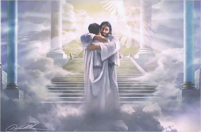 A heartwarming scene depicting Jesus embracing a person in a heavenly setting with clouds and stairs leading to light.
