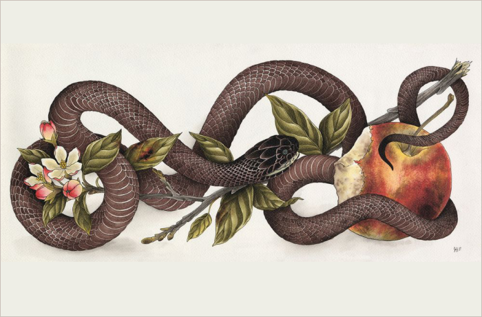 A detailed illustration of a snake entwined around a partially eaten peach, surrounded by floral elements and leaves.