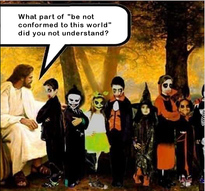 A group of children in Halloween costumes stands next to a figure representing Jesus, with a speech bubble asking about understanding a biblical quote regarding conformity.
