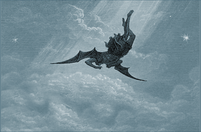 An artistic depiction of a dragon or bat-like creature falling through clouds, surrounded by ethereal light and stars.