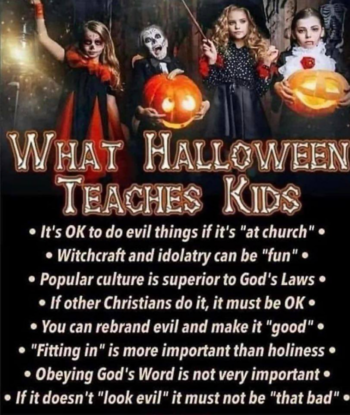 Group of children in Halloween costumes holding pumpkins, with text overlay discussing the moral implications of Halloween themes.