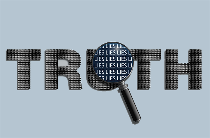 The word 'TRUTH' formed by a pattern of small symbols, with a magnifying glass revealing the word 'LIES' underneath.