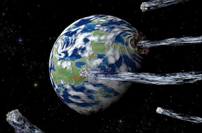 Digital illustration of Earth being impacted by water-like comets in space, with swirling clouds and a dramatic cosmic background.