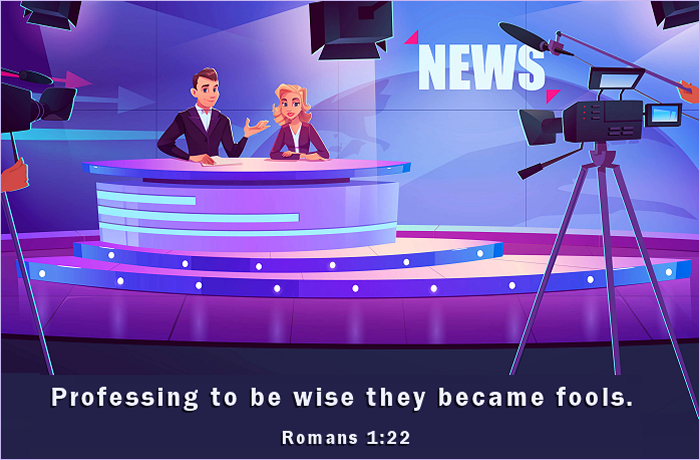 Two news anchors sitting at a modern news desk with cameras and studio lights in a broadcast setting. The background features a 'NEWS' sign and a biblical quote at the bottom.